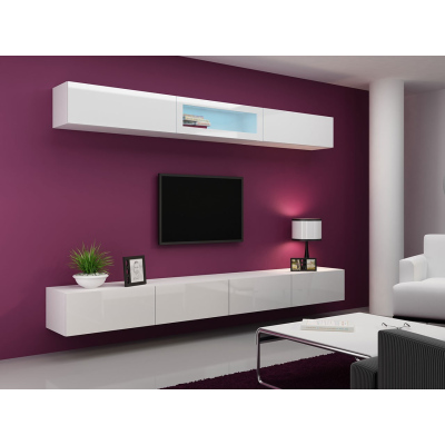 Obývací stěna s LED modrým osvětlením ASHTON 12 - bílá / lesklá bílá