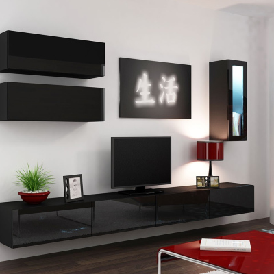 Obývací stěna s LED bílým osvětlením ASHTON 12 - černá / lesklá černá