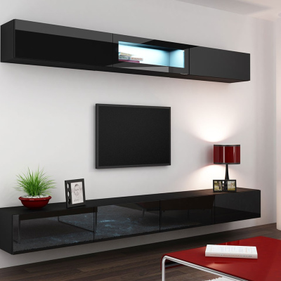 Obývací stěna s LED bílým osvětlením ASHTON 12 - černá / lesklá černá