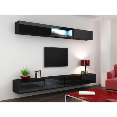 Obývací stěna s LED modrým osvětlením ASHTON 12 - černá / lesklá černá