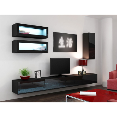 Obývací stěna s LED modrým osvětlením ASHTON 11 - černá / lesklá černá