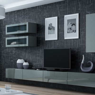 Obývací stěna s LED modrým osvětlením ASHTON 11 - šedá / lesklá šedá