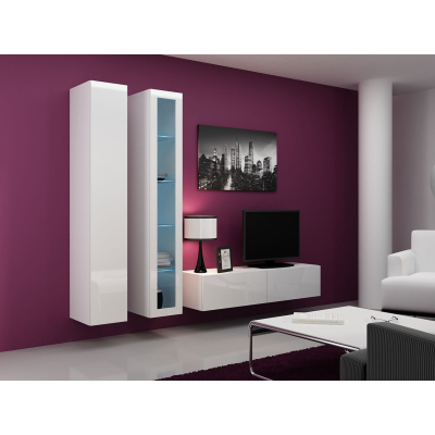Obývací stěna s LED modrým osvětlením ASHTON 10 - bílá / lesklá bílá