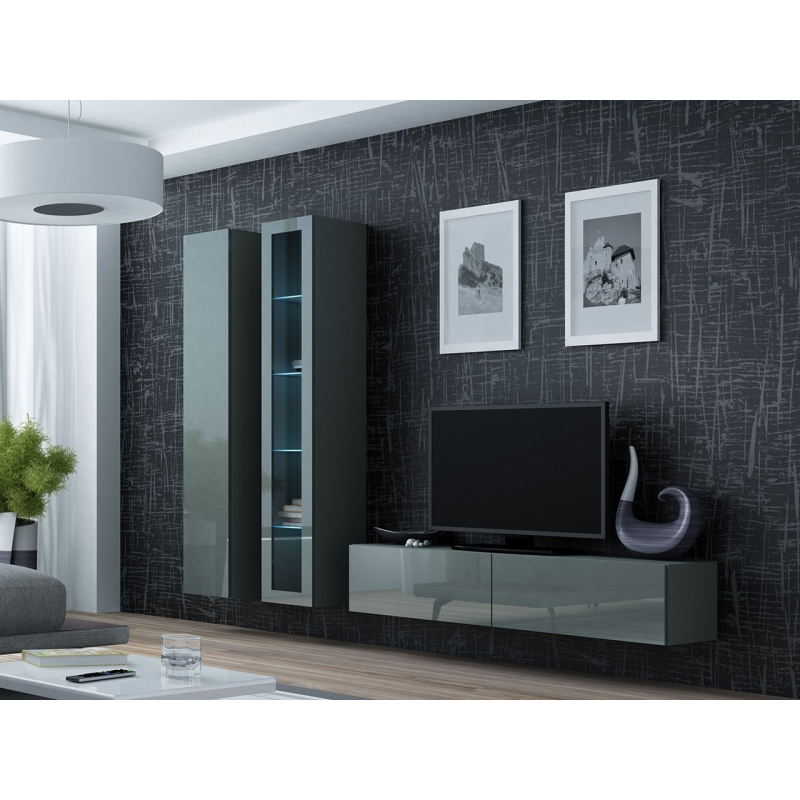 Obývací stěna s LED modrým osvětlením ASHTON 10 - šedá / lesklá šedá