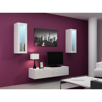 Obývací stěna s LED bílým osvětlením ASHTON 8 - bílá / lesklá bílá