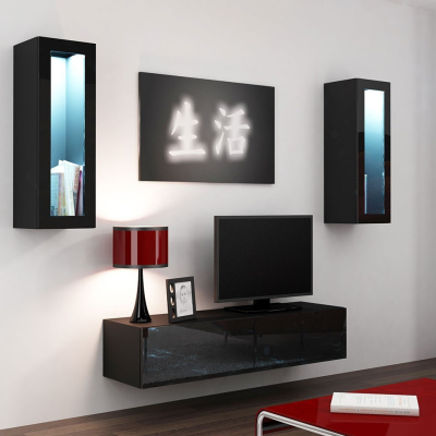 Obývací stěna s LED bílým osvětlením ASHTON 8 - černá / lesklá černá