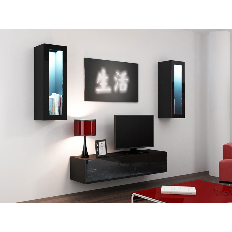 Obývací stěna s LED modrým osvětlením ASHTON 8 - černá / lesklá černá