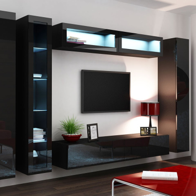 Obývací stěna s LED bílým osvětlením ASHTON 6 - černá / lesklá černá