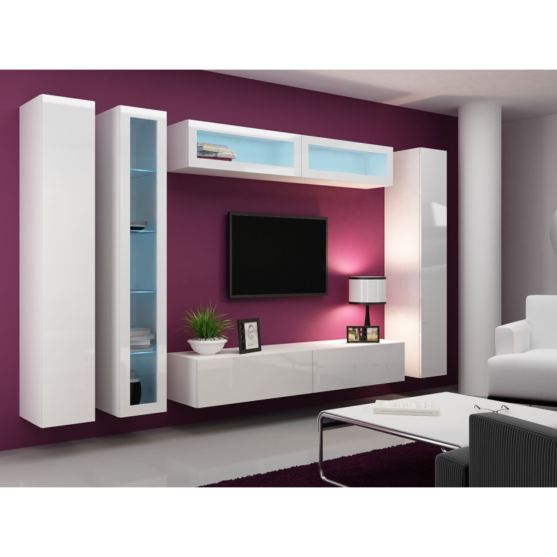 Obývací stěna s LED modrým osvětlením ASHTON 6 - bílá / lesklá bílá