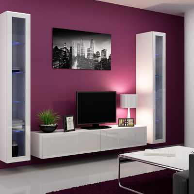 Obývací stěna s LED bílým osvětlením ASHTON 5 - bílá / lesklá bílá