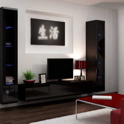 Obývací stěna s LED bílým osvětlením ASHTON 5 - černá / lesklá černá