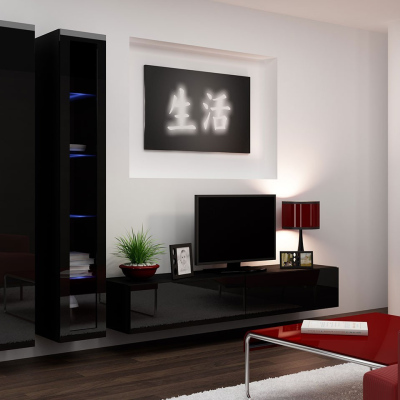 Obývací stěna s LED bílým osvětlením ASHTON 3 - černá / lesklá černá