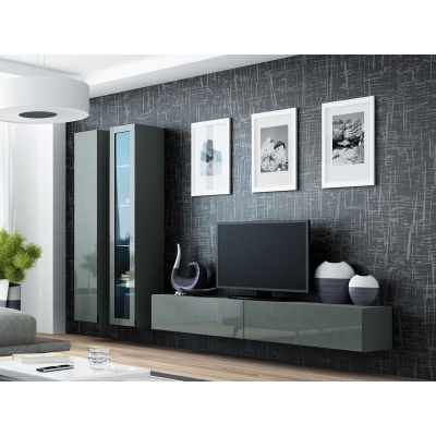 Obývací stěna s LED modrým osvětlením ASHTON 3 - šedá / lesklá šedá