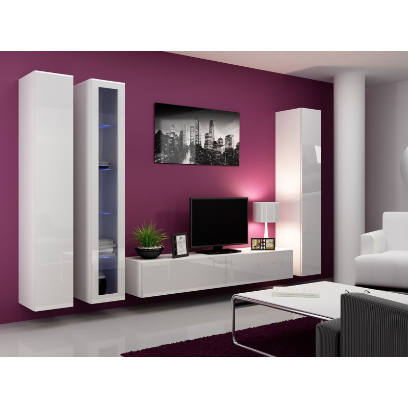 Obývací stěna s LED bílým osvětlením ASHTON 2 - bílá / lesklá bílá
