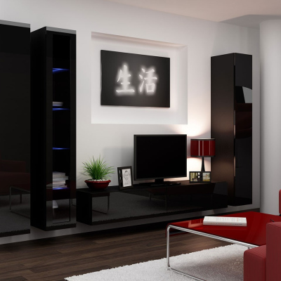 Obývací stěna s LED bílým osvětlením ASHTON 2 - černá / lesklá černá