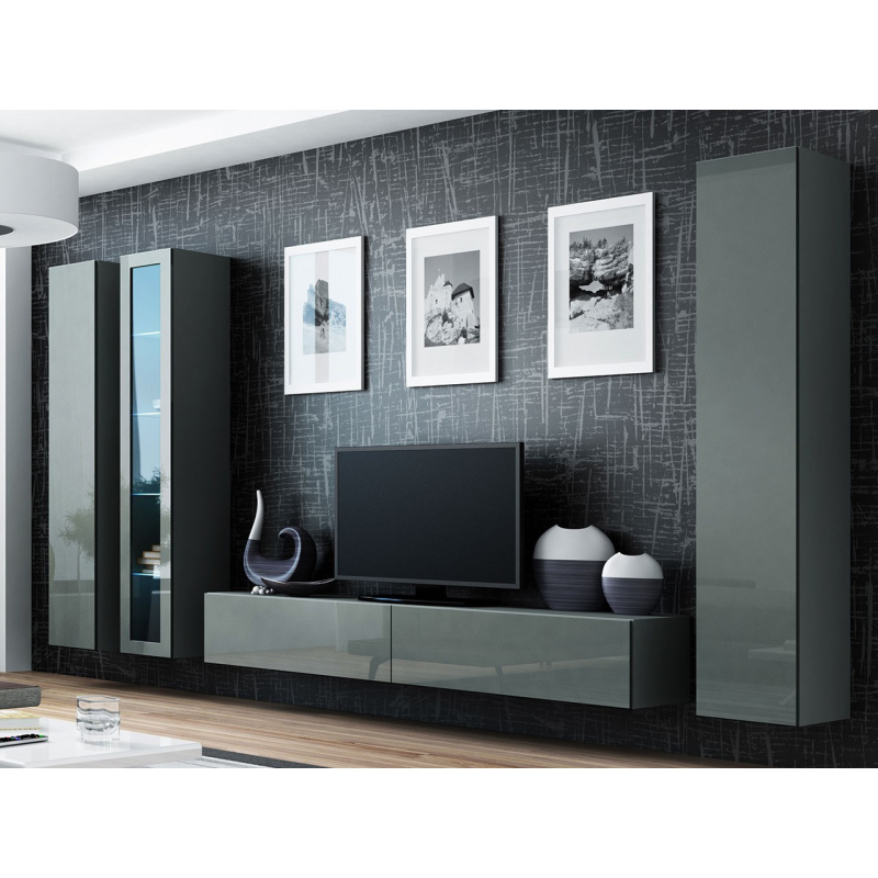 Obývací stěna s LED modrým osvětlením ASHTON 2 - šedá / lesklá šedá