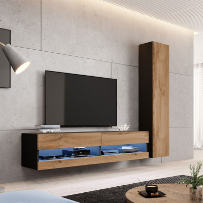 Stěna do obývacího pokoje s LED bílým osvětlením ASHTON N9 - černá / dub wotan