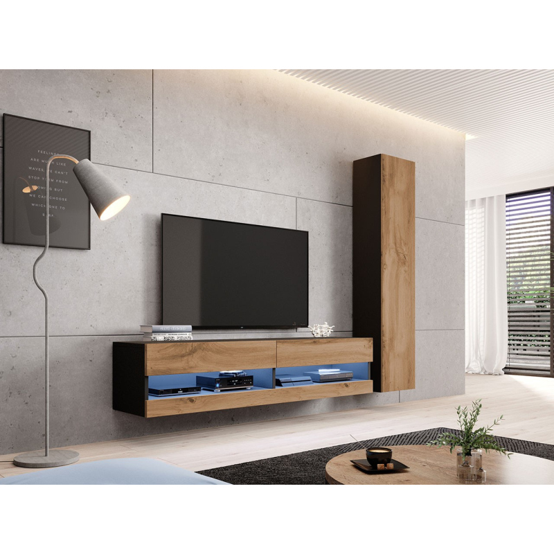 Stěna do obývacího pokoje s LED modrým osvětlením ASHTON N9 - černá / dub wotan
