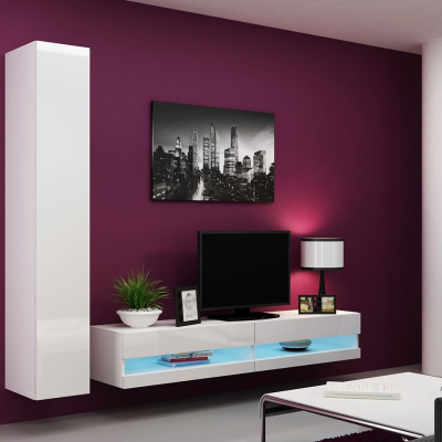 Stěna do obývacího pokoje s LED bílým osvětlením ASHTON N9 - bílá / lesklá bílá