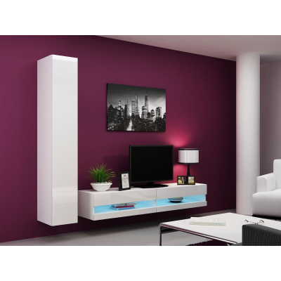 Stěna do obývacího pokoje s LED modrým osvětlením ASHTON N9 - bílá / lesklá bílá