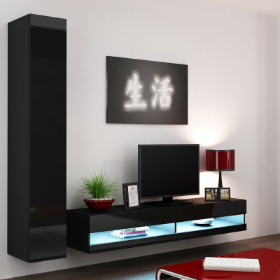 Stěna do obývacího pokoje s LED bílým osvětlením ASHTON N9 - černá / lesklá černá