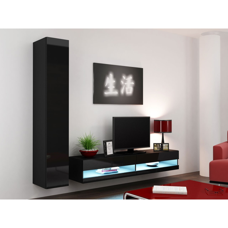 Stěna do obývacího pokoje s LED modrým osvětlením ASHTON N9 - černá / lesklá černá