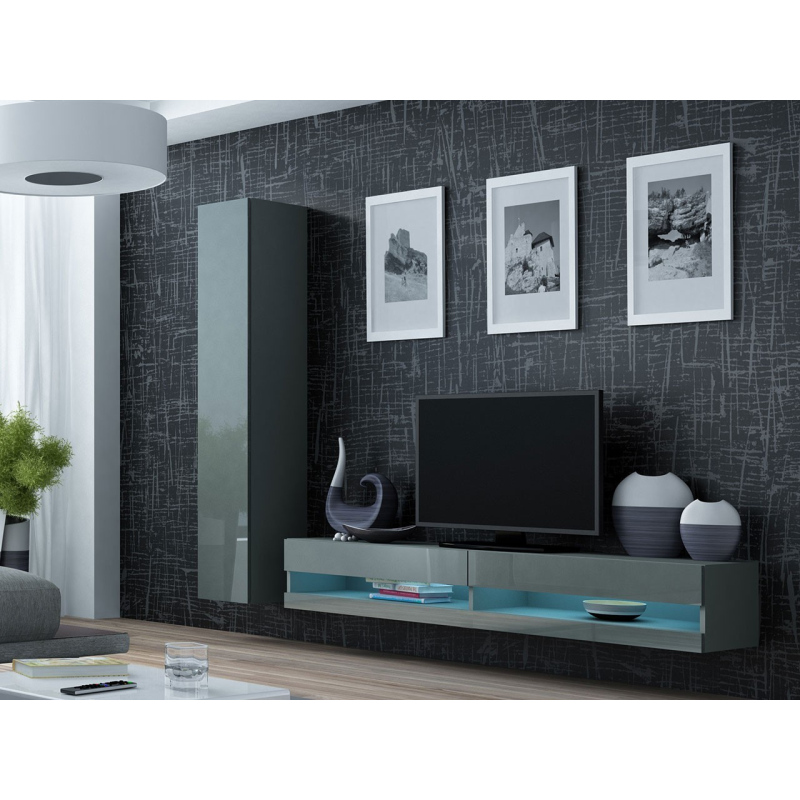Stěna do obývacího pokoje s LED modrým osvětlením ASHTON N9 - šedá / lesklá šedá