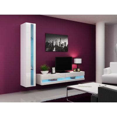 Stěna do obývacího pokoje s LED modrým osvětlením ASHTON N8 - bílá / lesklá bílá