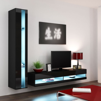 Stěna do obývacího pokoje s LED modrým osvětlením ASHTON N8 - černá / lesklá černá