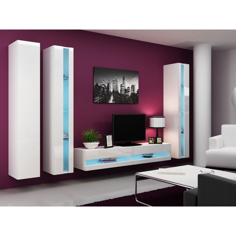 Stěna do obývacího pokoje s LED modrým osvětlením ASHTON N6 - bílá / lesklá bílá