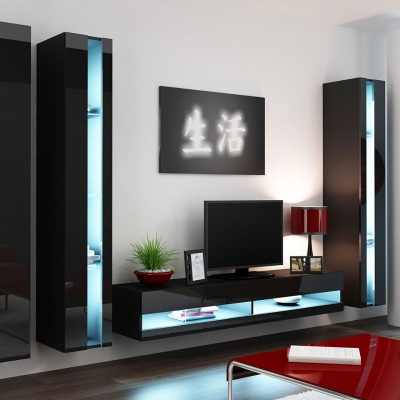 Stěna do obývacího pokoje s LED modrým osvětlením ASHTON N6 - černá / lesklá černá