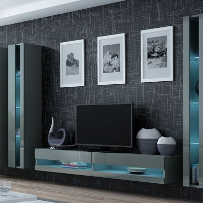 Stěna do obývacího pokoje s LED modrým osvětlením ASHTON N6 - šedá / lesklá šedá