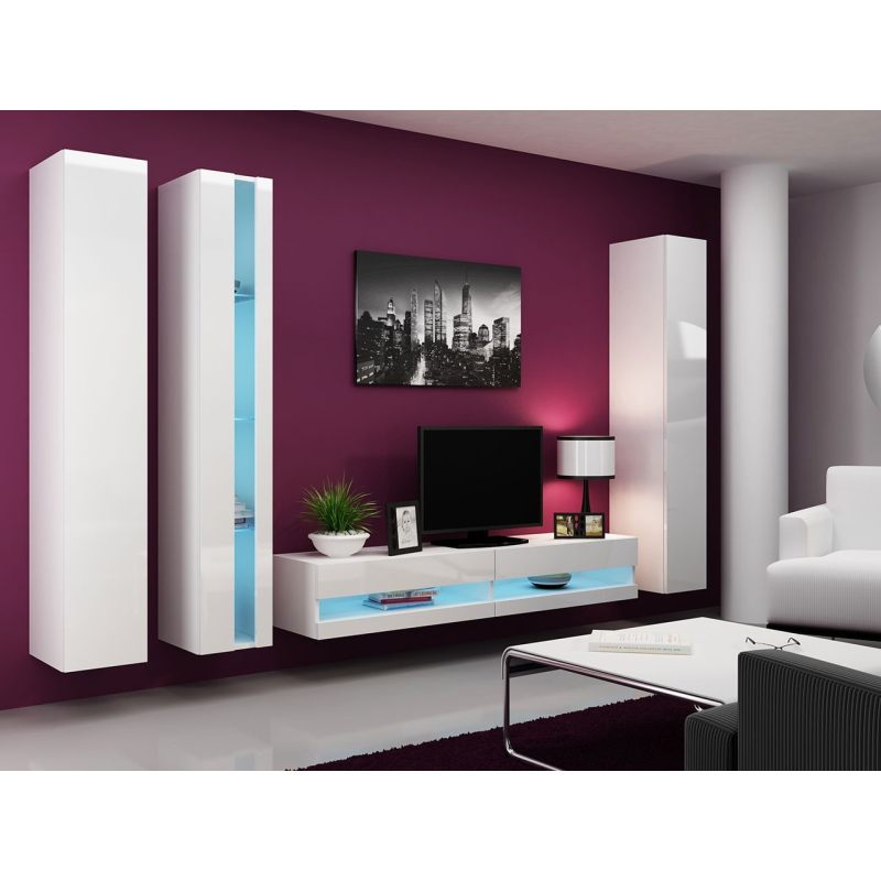 Stěna do obývacího pokoje s LED modrým osvětlením ASHTON N7 - bílá / lesklá bílá