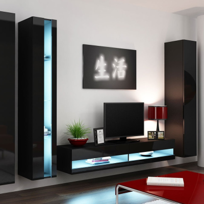 Stěna do obývacího pokoje s LED bílým osvětlením ASHTON N7 - černá / lesklá černá