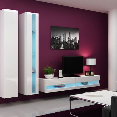 Stěna do obývacího pokoje s LED bílým osvětlením ASHTON N5 - bílá / lesklá bílá