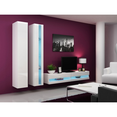 Stěna do obývacího pokoje s LED bílým osvětlením ASHTON N5 - bílá / lesklá bílá