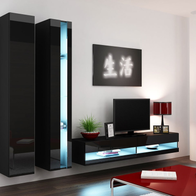 Stěna do obývacího pokoje s LED bílým osvětlením ASHTON N5 - černá / lesklá černá