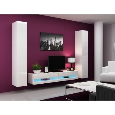 Stěna do obývacího pokoje s LED bílým osvětlením ASHTON N4 - bílá / lesklá bílá