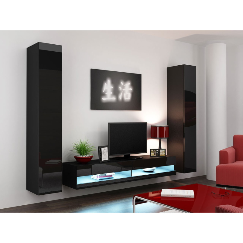 Stěna do obývacího pokoje s LED bílým osvětlením ASHTON N4 - černá / lesklá černá