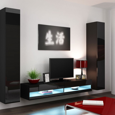 Stěna do obývacího pokoje s LED modrým osvětlením ASHTON N4 - černá / lesklá černá