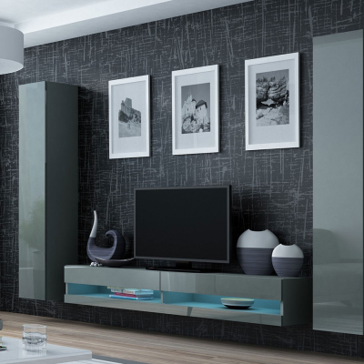 Stěna do obývacího pokoje s LED modrým osvětlením ASHTON N4 - šedá / lesklá šedá