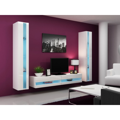 Stěna do obývacího pokoje s LED modrým osvětlením ASHTON N3 - bílá / lesklá bílá