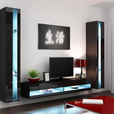 Stěna do obývacího pokoje s LED modrým osvětlením ASHTON N3 - černá / lesklá černá