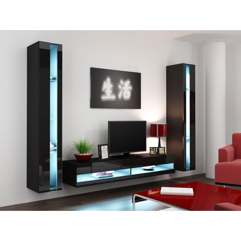 Stěna do obývacího pokoje s LED modrým osvětlením ASHTON N3 - černá / lesklá černá