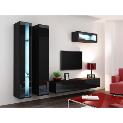 Stěna do obývacího pokoje s LED modrým osvětlením ASHTON N2 - černá / lesklá černá