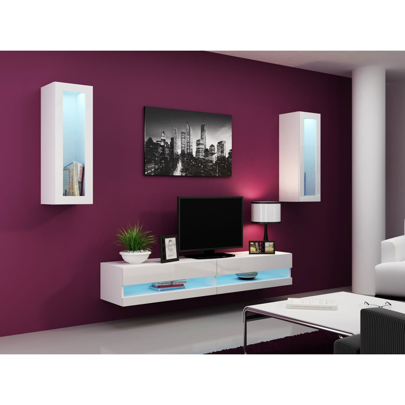 Stěna do obývacího pokoje s LED modrým osvětlením ASHTON N11 - bílá / lesklá bílá