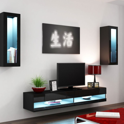 Stěna do obývacího pokoje s LED bílým osvětlením ASHTON N11 - černá / lesklá černá