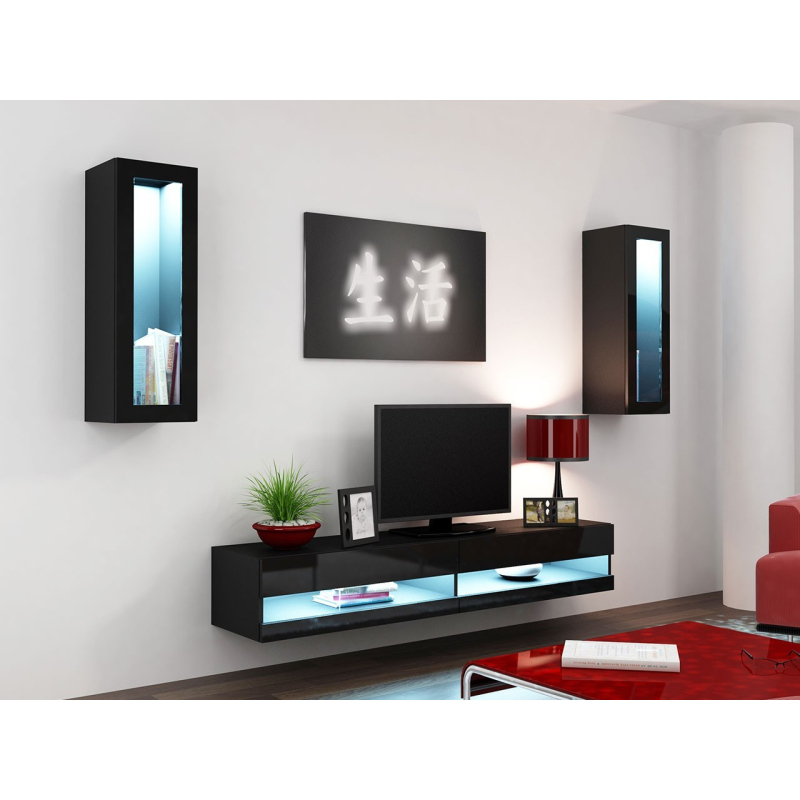 Stěna do obývacího pokoje s LED modrým osvětlením ASHTON N11 - černá / lesklá černá