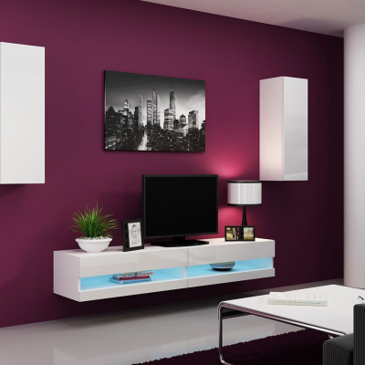 Stěna do obývacího pokoje s LED modrým osvětlením ASHTON N10 - bílá / lesklá bílá