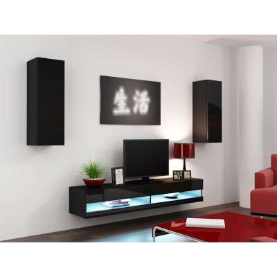 Stěna do obývacího pokoje s LED modrým osvětlením ASHTON N10 - černá / lesklá černá
